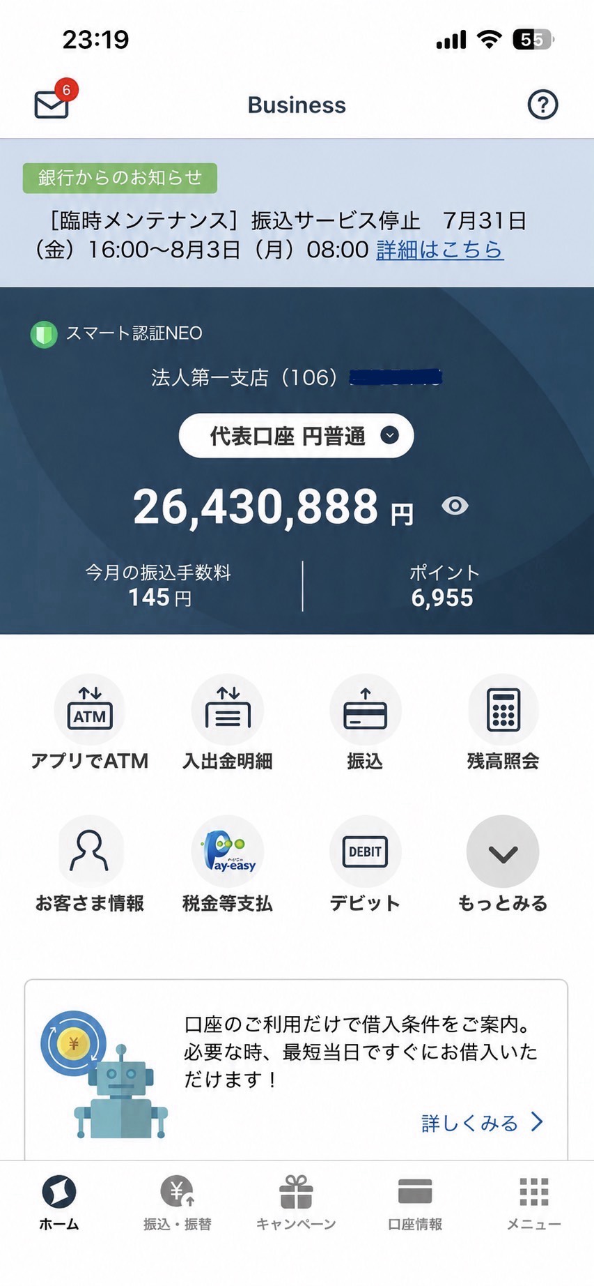 はしもん本人の法人事業口座画面（一部処理済み）